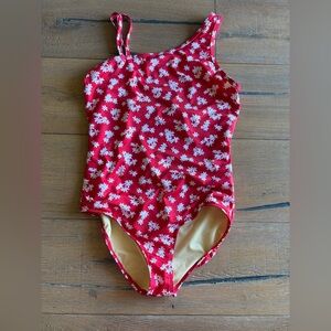 Lands' End Girls Red One-Piece Swimsuit with White Floral Print
